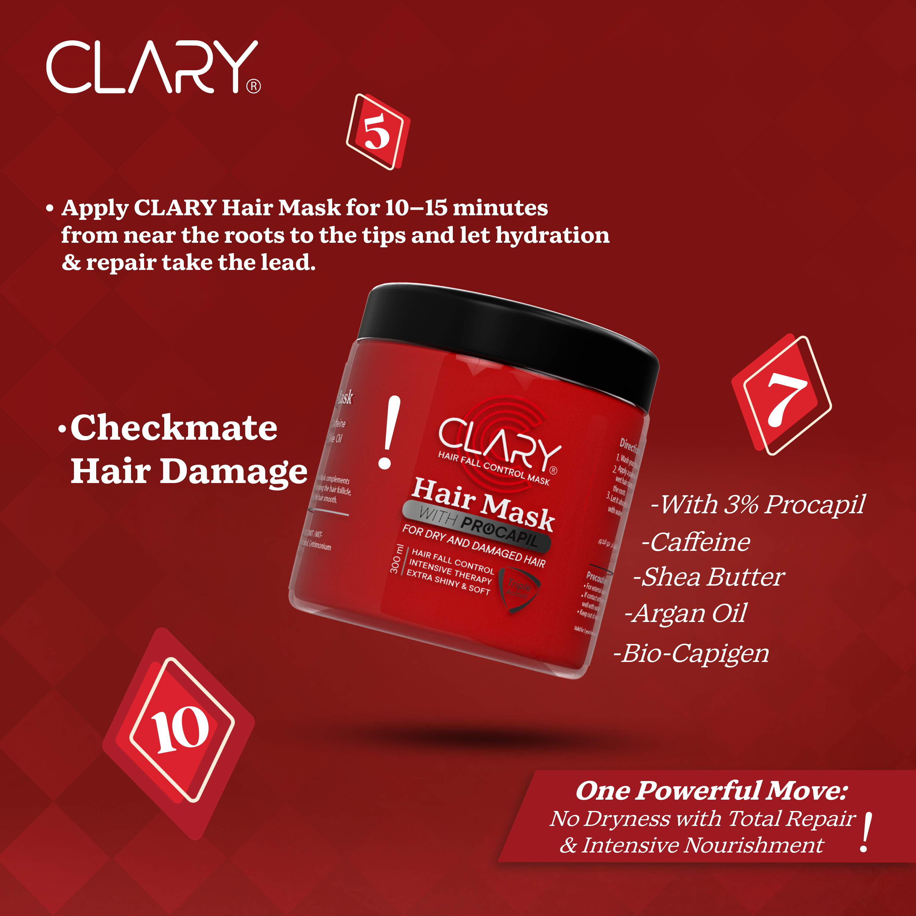 CLARY hair mask jar with product details 