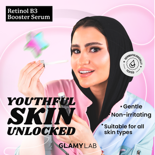 Advertisement for Retinol B3 Booster Serum by GLAMY LAB with a woman holding the product.