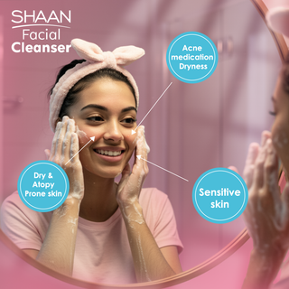 Woman applying facial cleanser with SHAAN Facial Cleanser branding, showing product use for various skin conditions.