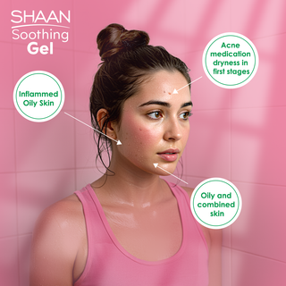 Woman with skin concerns with 'Shaan Soothing Gel' benefits.