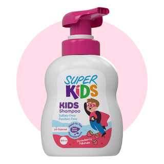 A bottle of Superkids Kids Strawberry Milkshake Shampoo with a pink pump, designed for children.