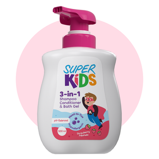 A bottle of Superkids 3-in-1 shampoo, conditioner, and bath gel with a pink pump, featuring a cartoon illustration of a child and a strawberry.