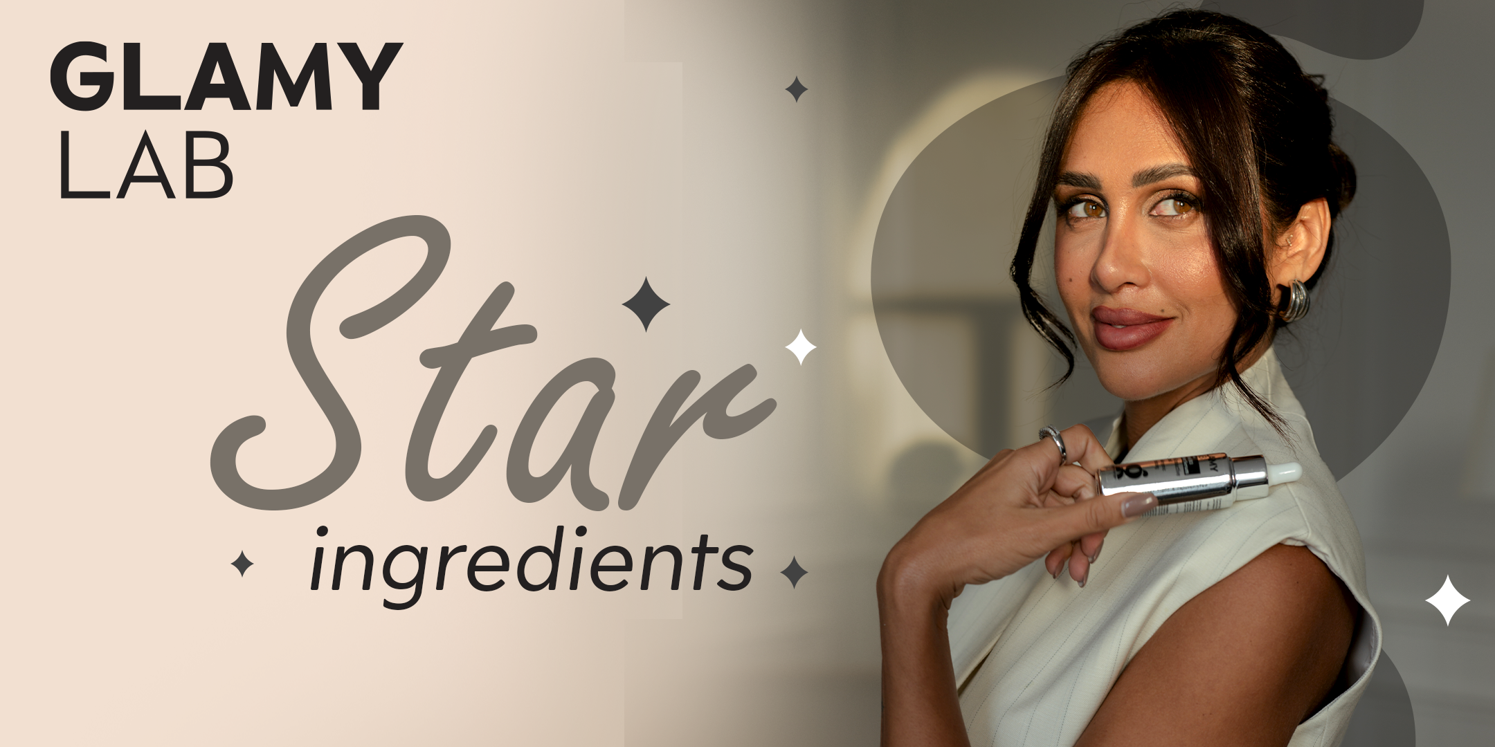 Woman holding a product from 'GLAMY LAB Star ingredients' 