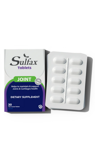 Packaging and blister pack of Sulfax joint tablets, with product information displayed.