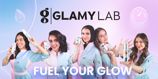 Advertisement for Glamylab with women holding products and 'Fuel Your Glow'