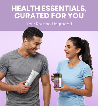 A man and woman holding health products with promotional 'Health Essentials Curated For You.'