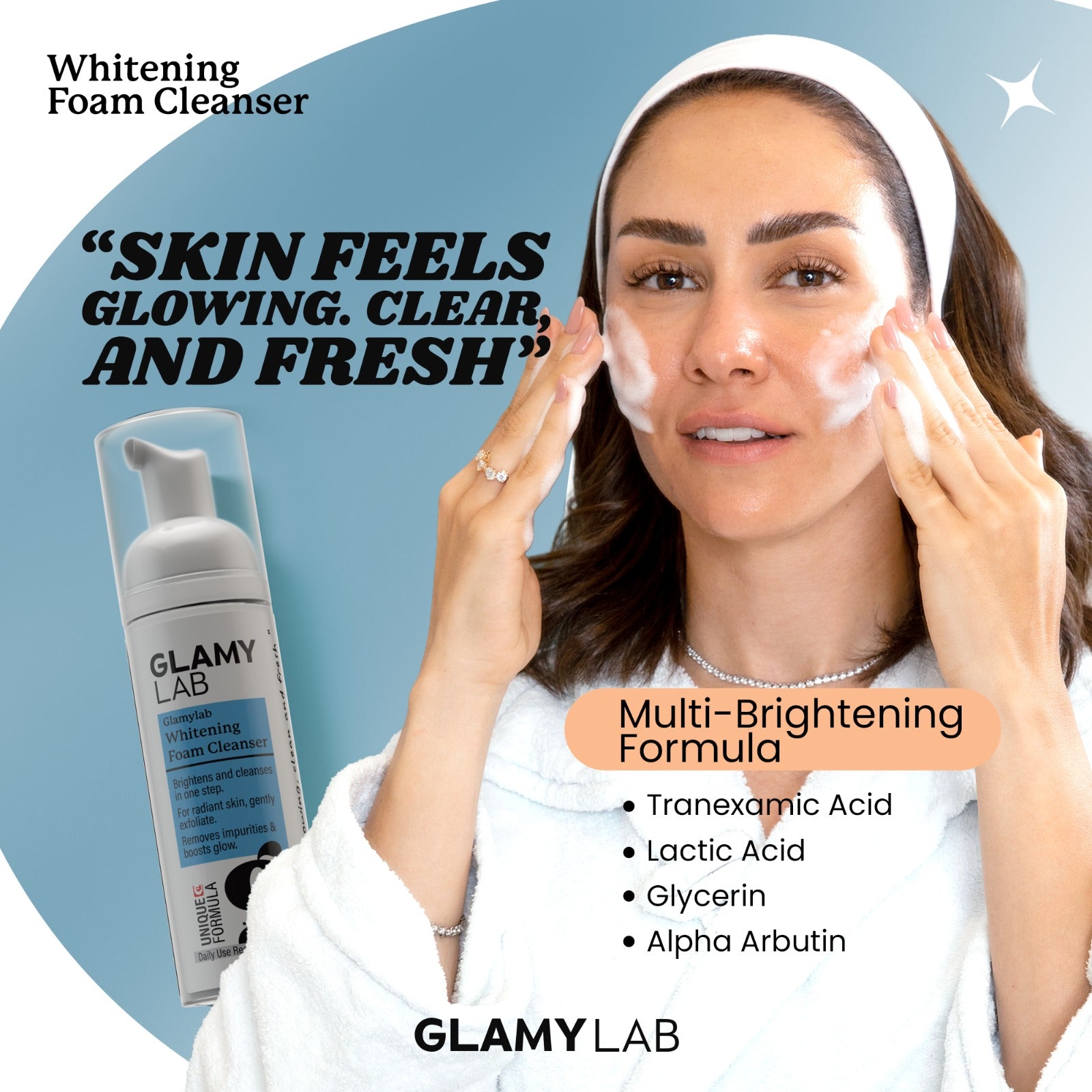 GLAMY LAB Whitening Foam Cleanser with product benefits and ingredients